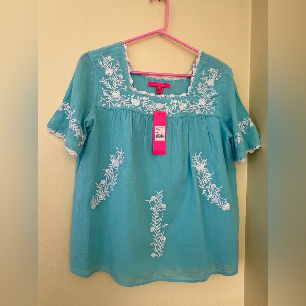 Lilly Pulitzer Turquoise Top with White Floral Embroidery